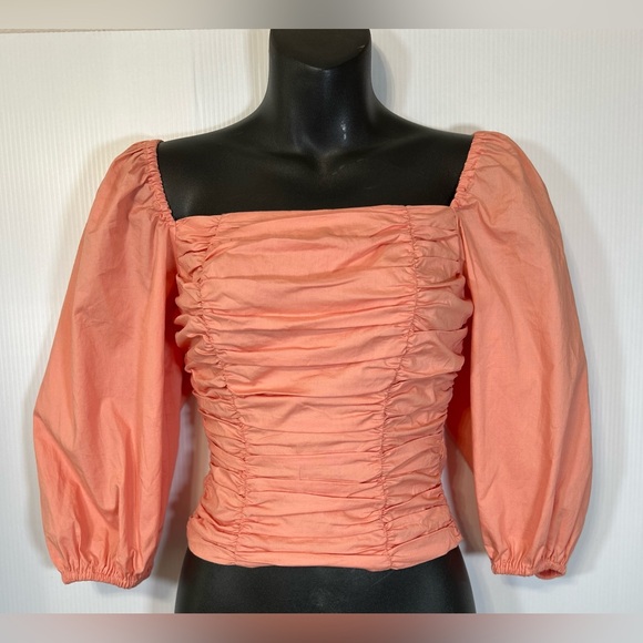 Wayf Peach Puff Sleeve Smocked Ruched Crop Top Size XS NWT - Picture 1 of 7
